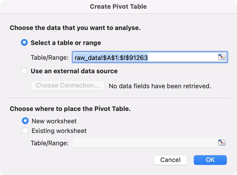 Figure 2 - Configuring data and location for pivot table