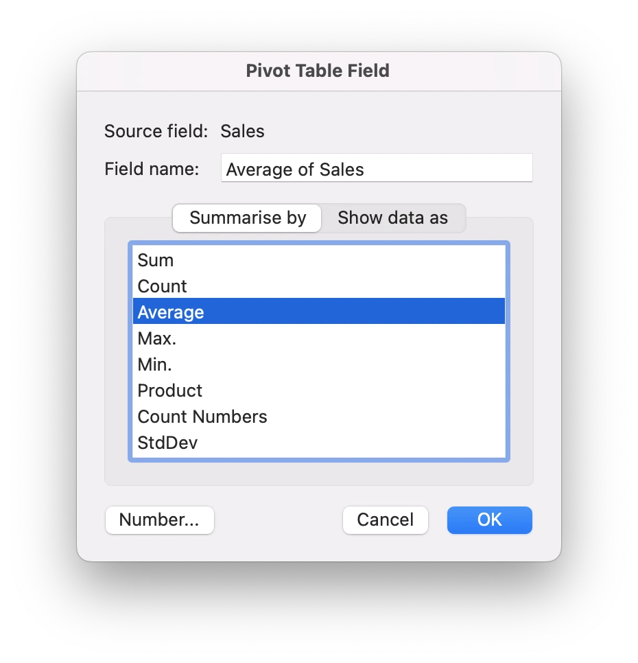 Figure 5 - Configuring to show average Sales instead of sum of Sales