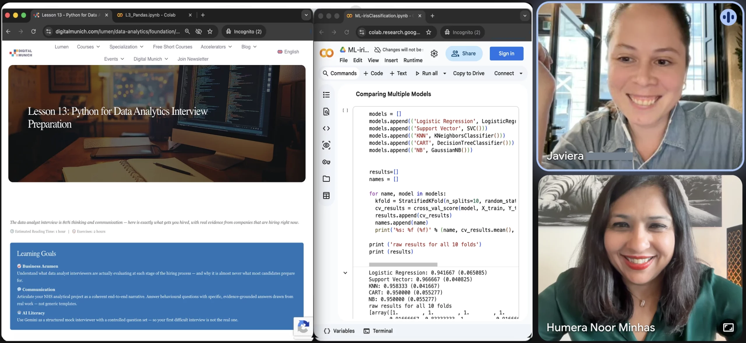 Dr. Humera Noor Minhas in a live mentoring session with a Lumen student, reviewing Python and machine learning interview preparation material